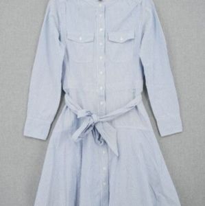 Dress Womens  Blue Striped Pockets A-Line Shirt Long Sleeve Belted